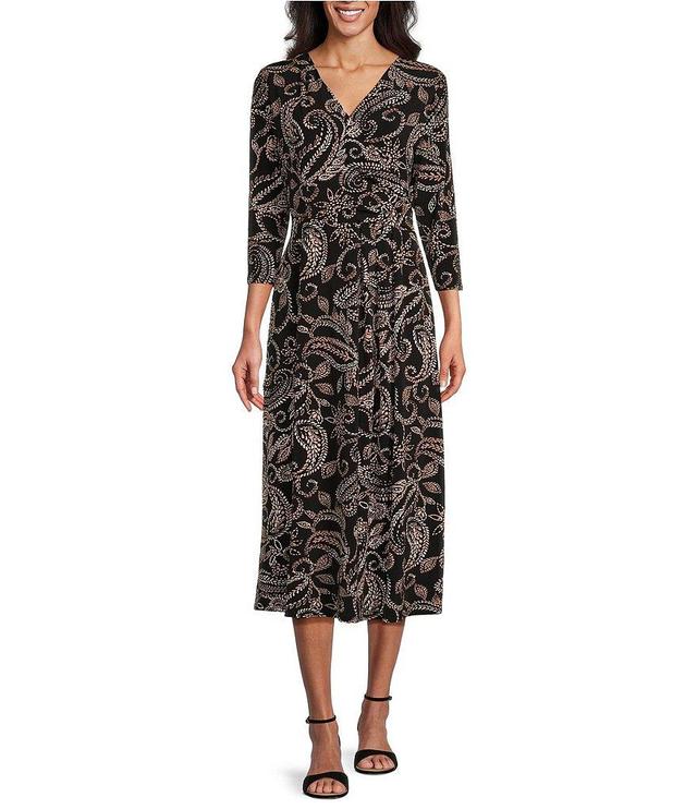 Investments Petite Size Soft Separates Dotted Paisley Print Surplice V-Neck 3/4 Sleeve Faux Wrap Midi Dress Product Image