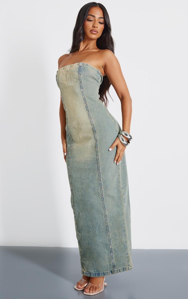 Petite Vintage Wash Eyelet Detail Denim Maxi Dress Product Image