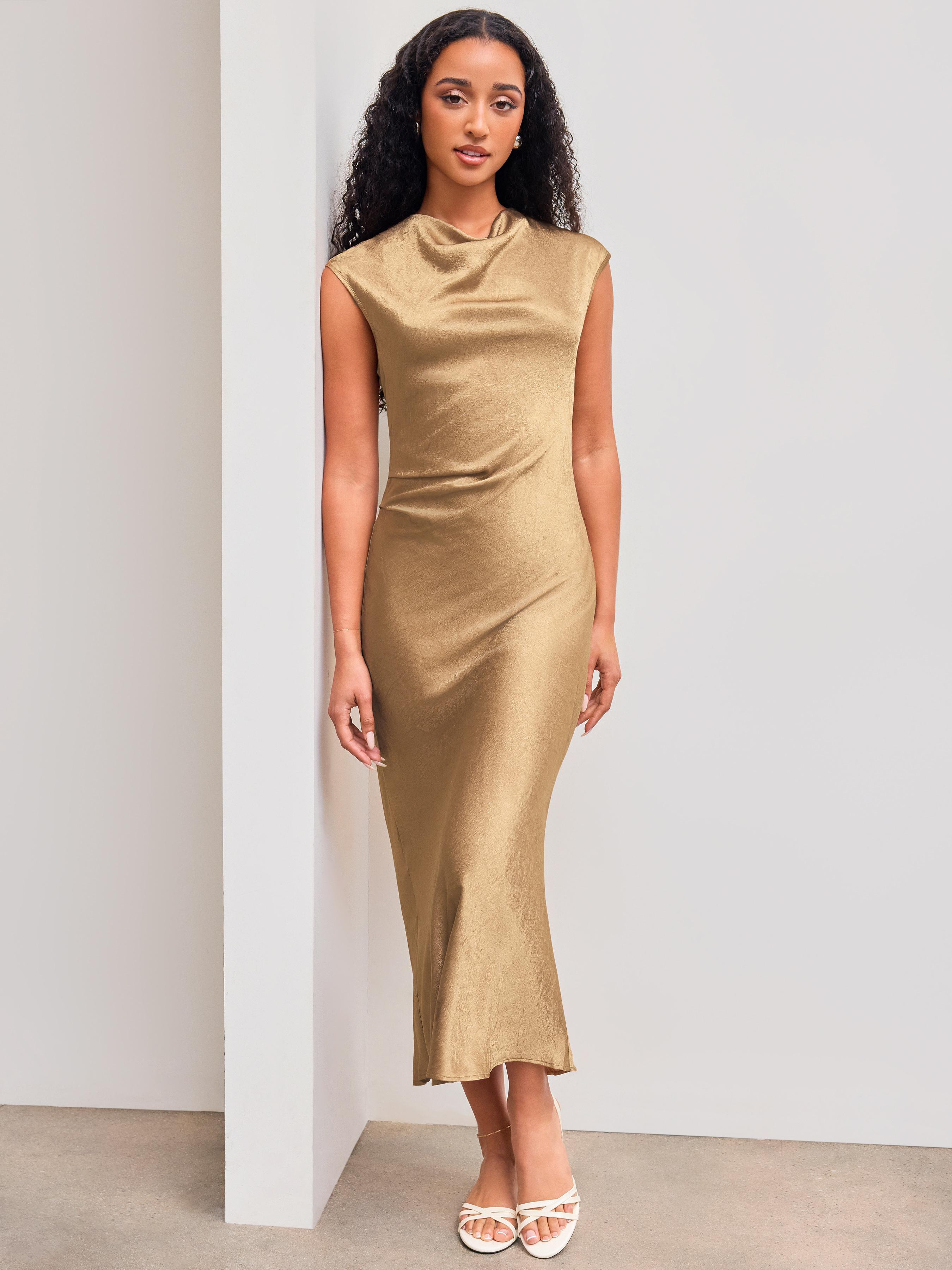 Cowl Neck Solid Ruched Zipper Cut Out Midi Dress Product Image