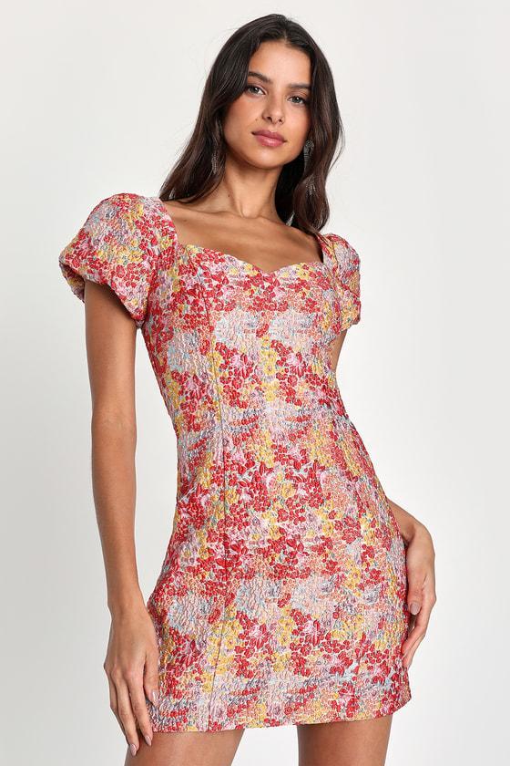 Sweetest Essence Blush Floral Jacquard Puff Sleeve Mini Dress Product Image