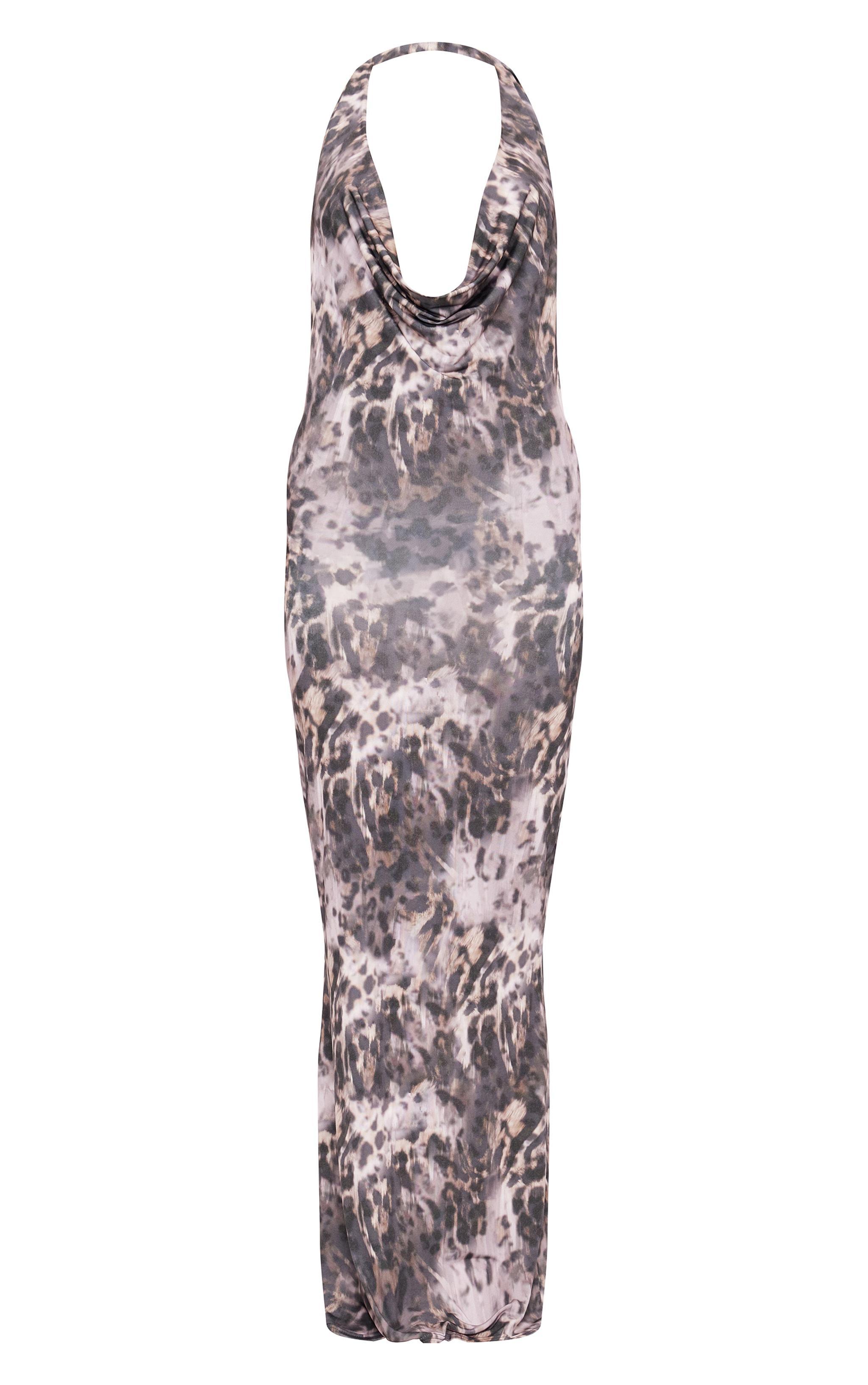 Leopard Slinky Cowl Neck Tie Shoulder Maxi Dress Product Image