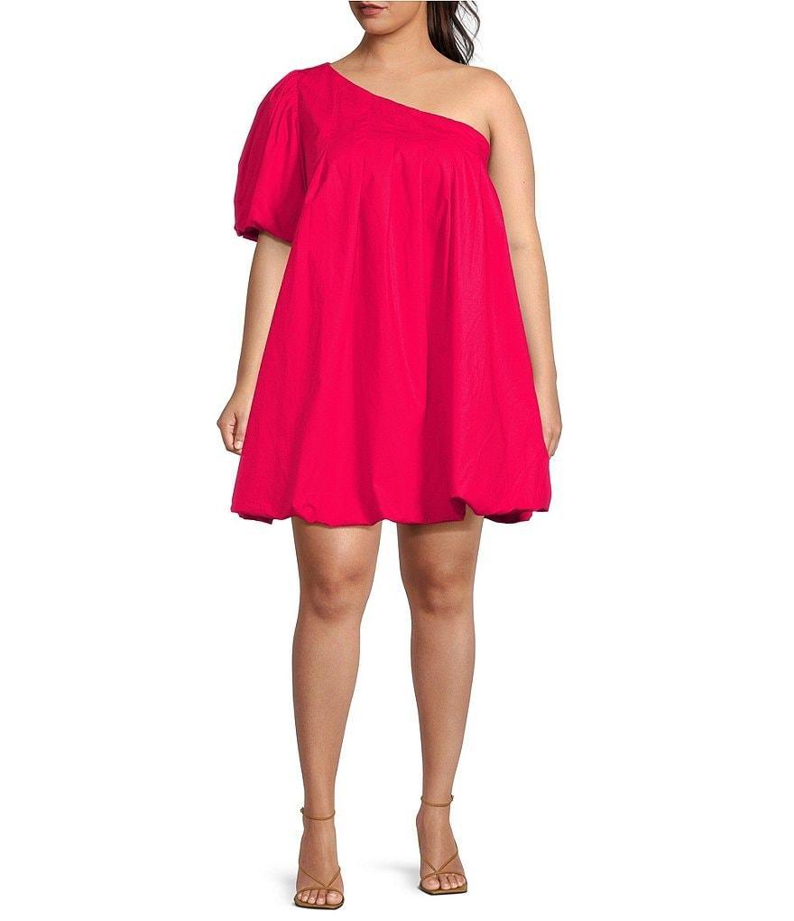 Sugarlips Plus Size Loraine Poplin Pleated One Bubble Sleeve Shift Mini Dress Product Image