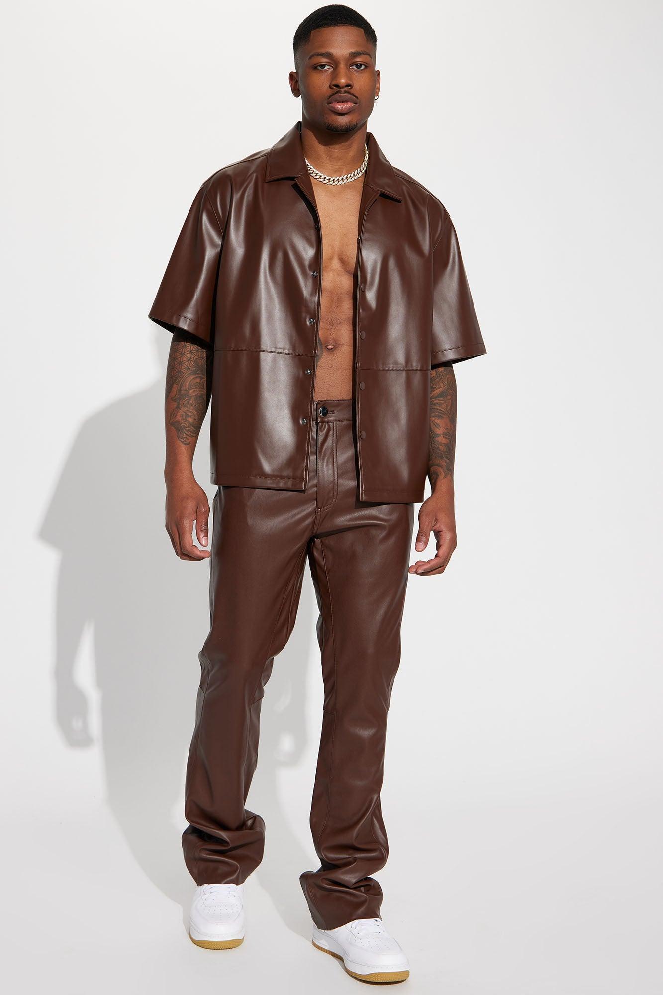 Slam Dunk Faux Leather Short Sleeve Button Up - Chocolate Product Image