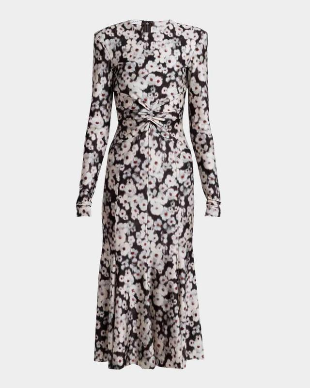 Floral-Print Strong-Shoulder Long-Sleeve Midi Dress Product Image