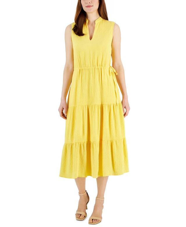 Anne Klein Womens Split-Neck Sleeveless Tiered Midi Dress Product Image