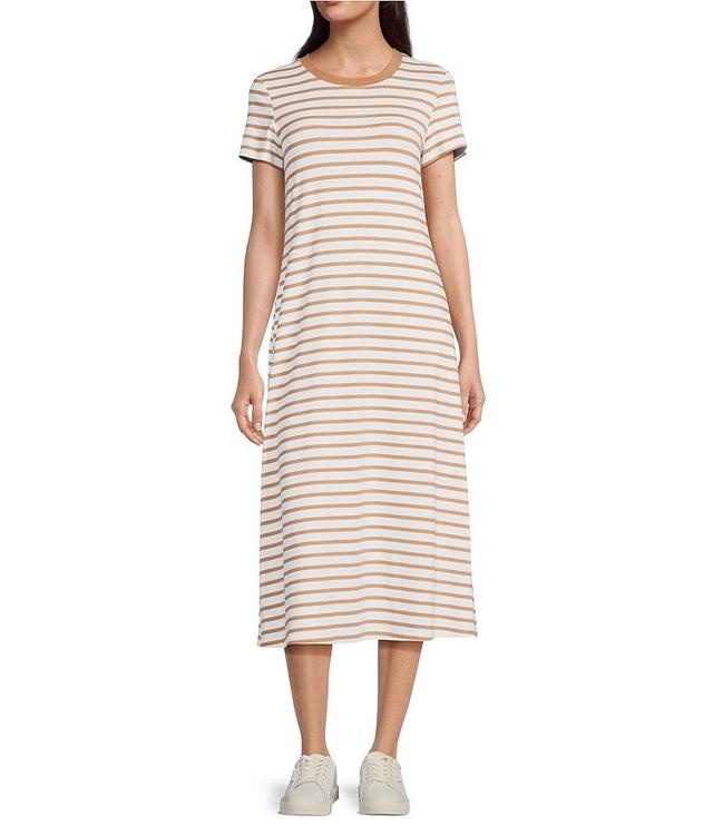 Jude Connally Alexandra Stretch Knit Everyday Stripe Sand Print Ribbed Trim Crew Neck Short Sleeve A-Line Midi T-Shirt Dress Product Image