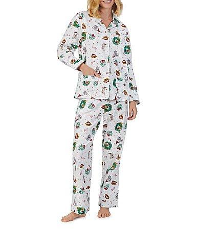 Lanz of Salzburg Holiday Wreath Puppy Printed Cotton Flannel Long Sleeve Notch Collar Holiday Pajama Set Product Image