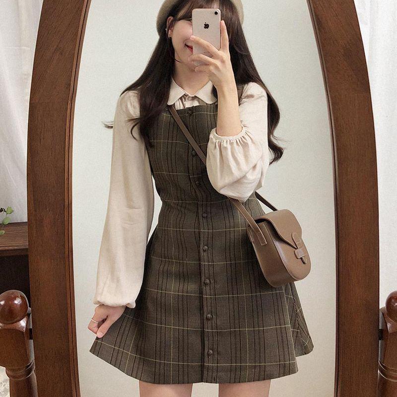 Long-Sleeve Blouse / Plaid Mini Buttoned Overall Dress Product Image