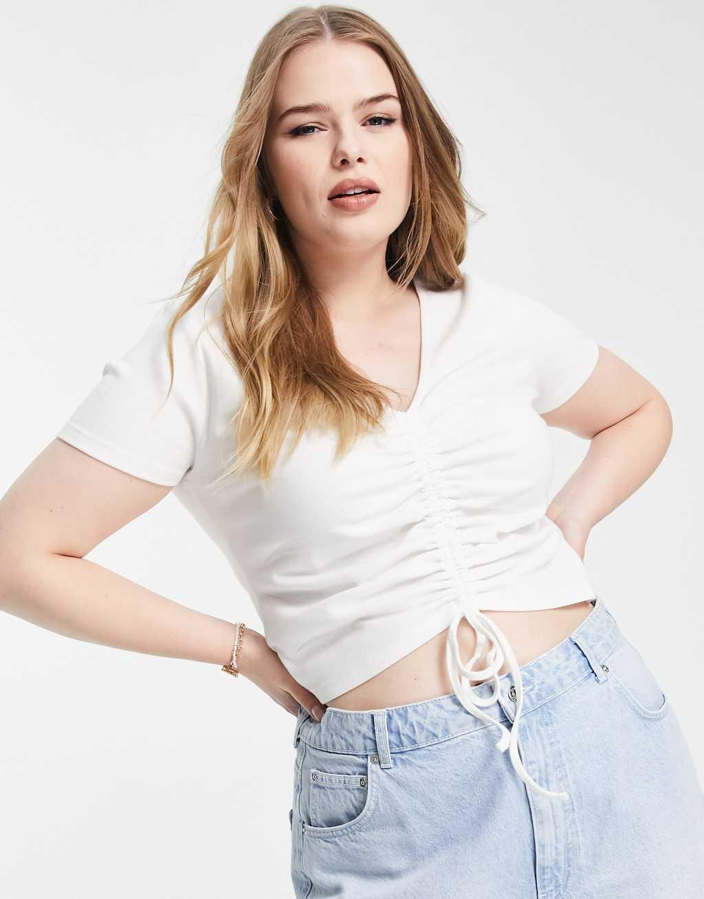 ASOS DESIGN Curve fitted top with ruched front and tie detail in white Product Image