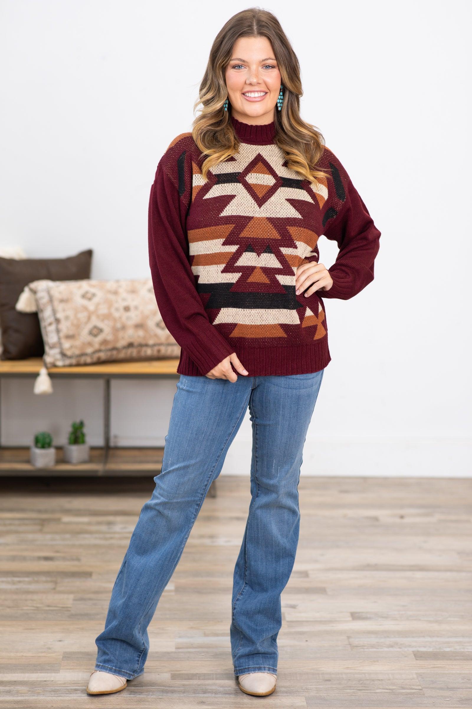 Dark Berry Multicolor Aztec Mock Neck Sweater Product Image