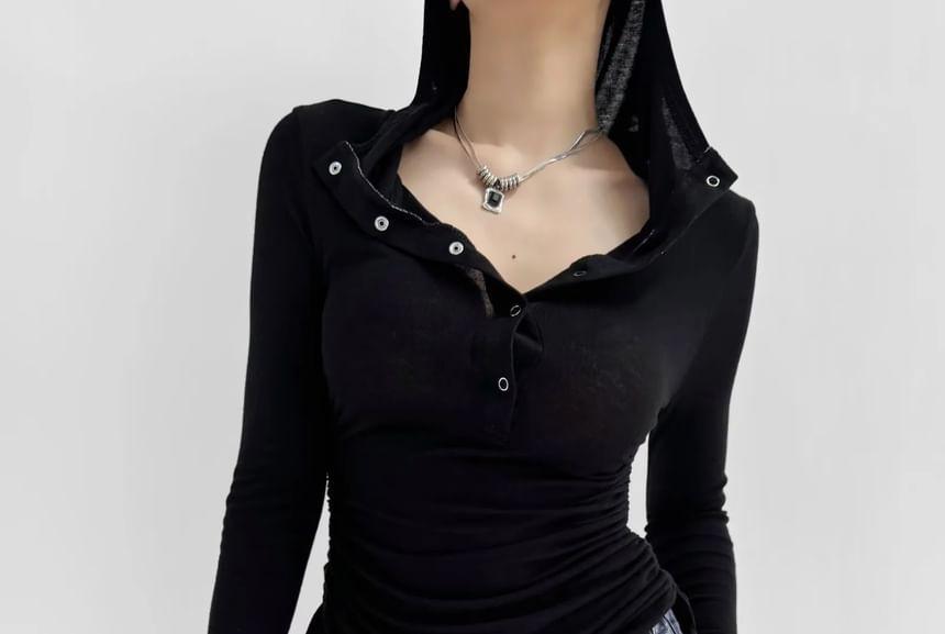 Long-Sleeve Plain Hooded Drawstring T-Shirt Product Image