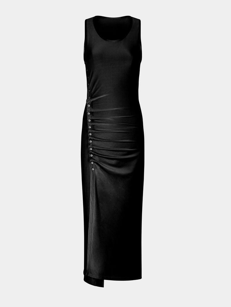 Sleeveless black drappé pression dress Product Image