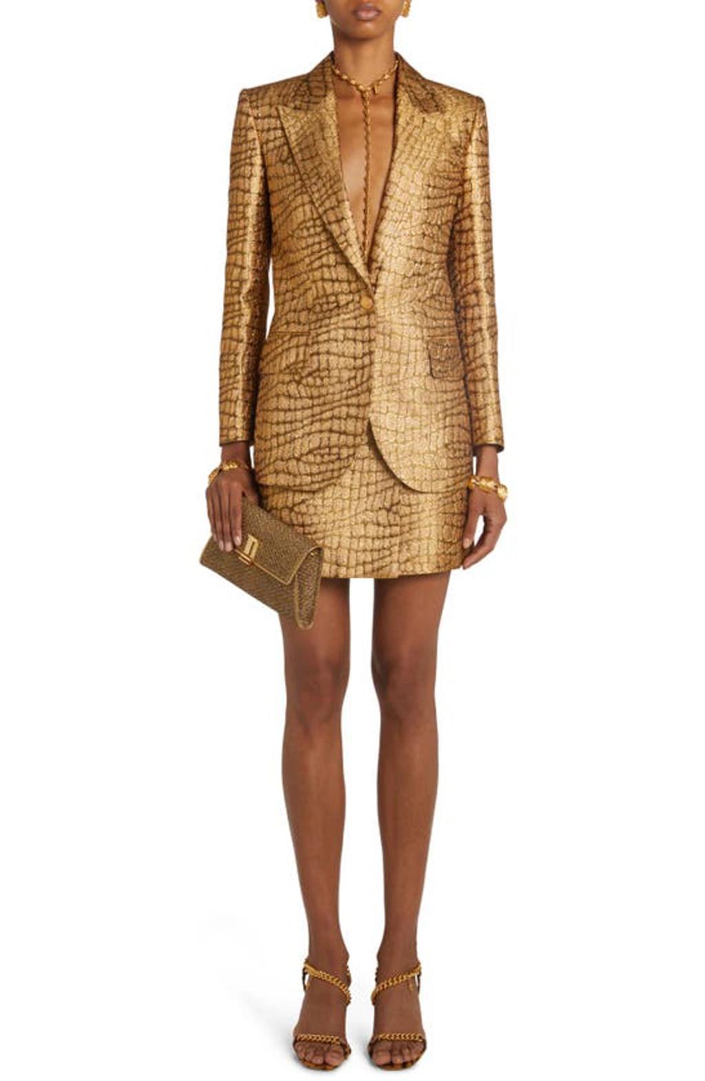 TOM FORD Metallic Croc-jacquard Tailored Wrap Mini Skirt In Gold Product Image