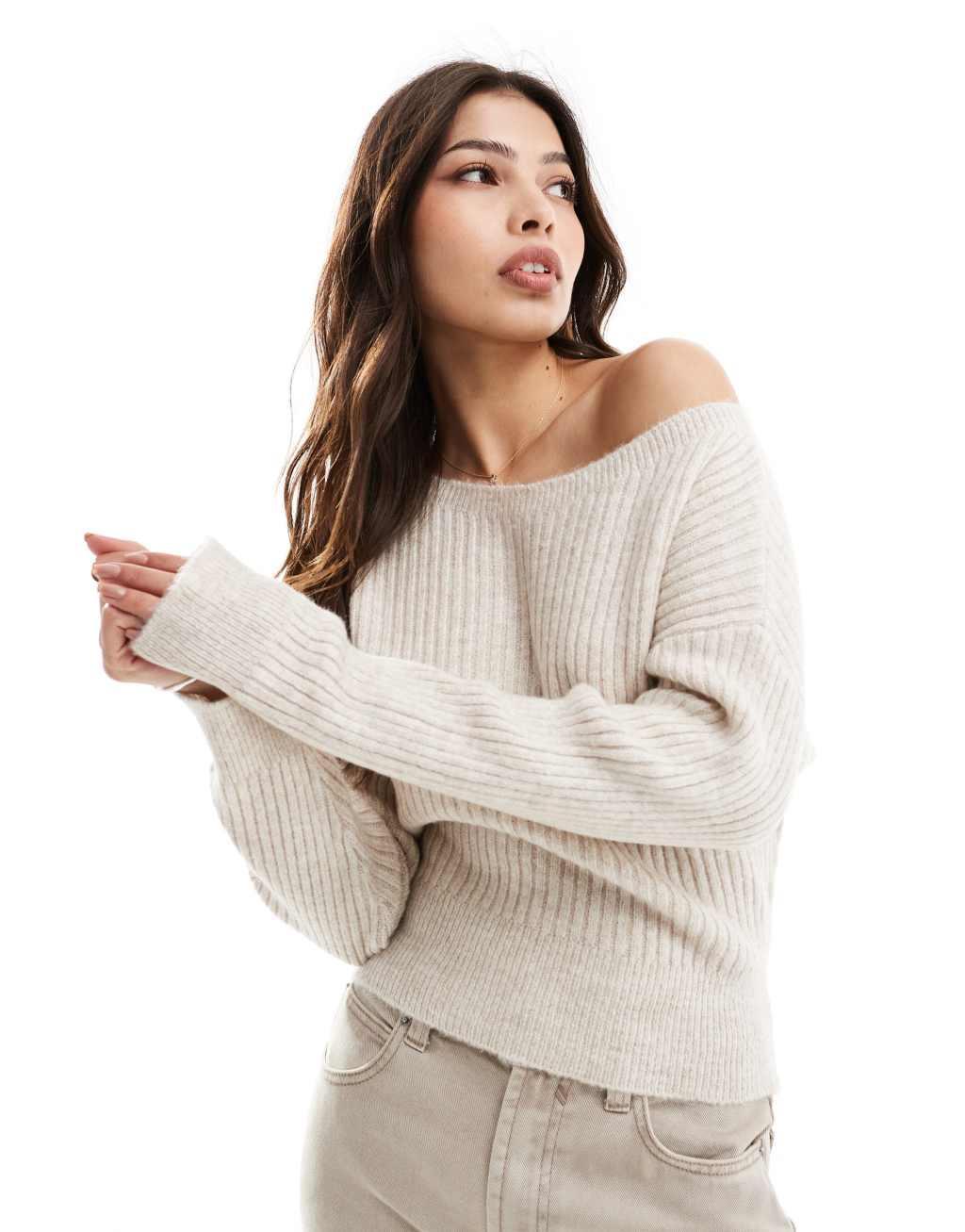 ASOS DESIGN off the shoulder knitted sweater in ecru Product Image