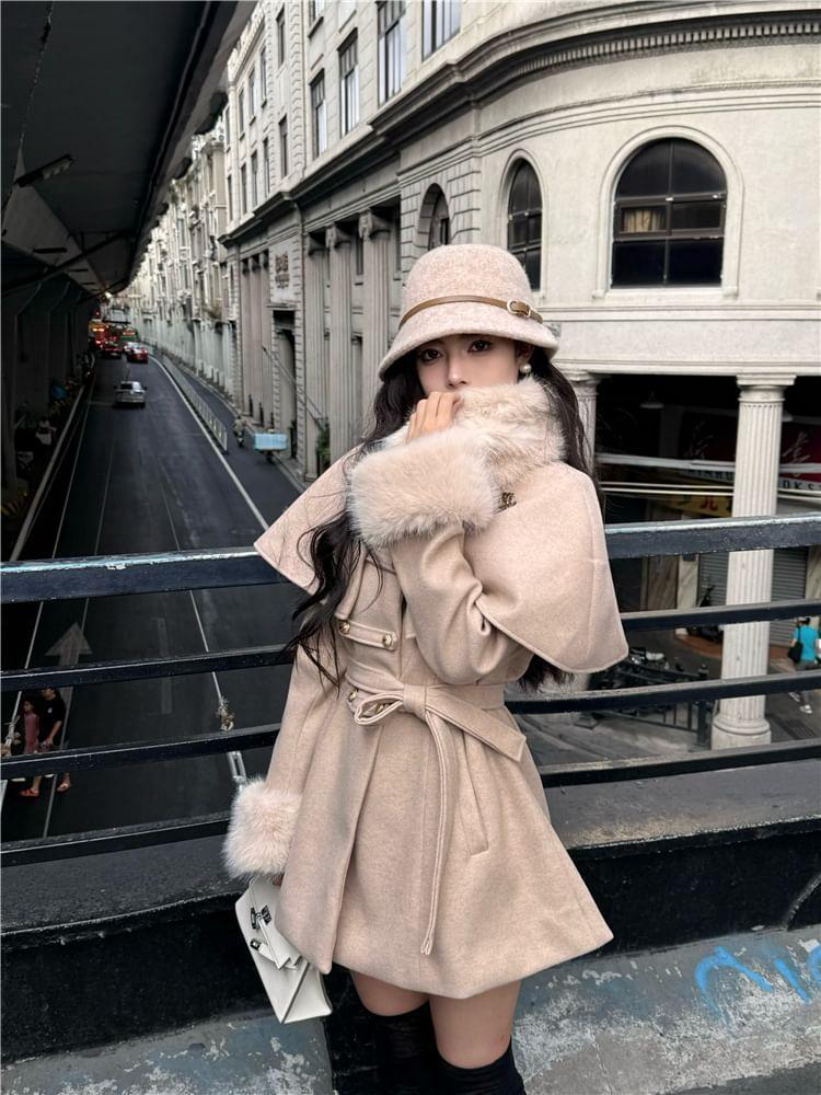 Detachable Cape-Sleeve Furry-Trim Wool Coat with Sash Product Image