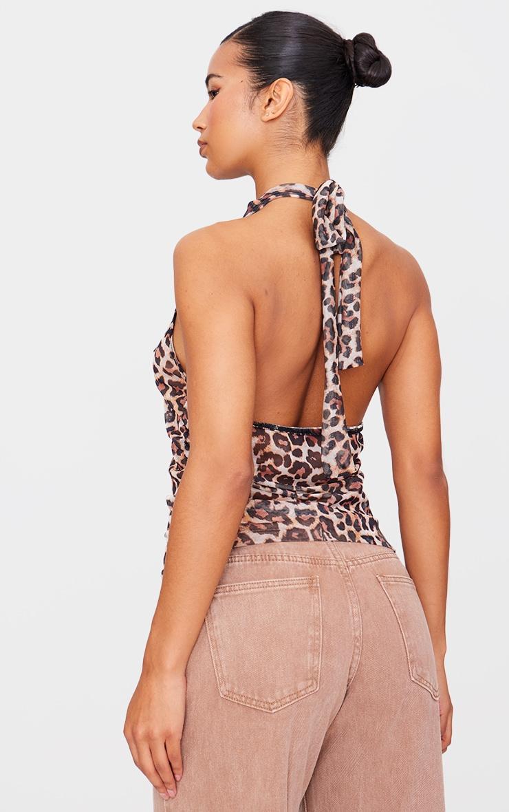 Brown Leopard Print Mesh High Neck Backless Long Top Product Image