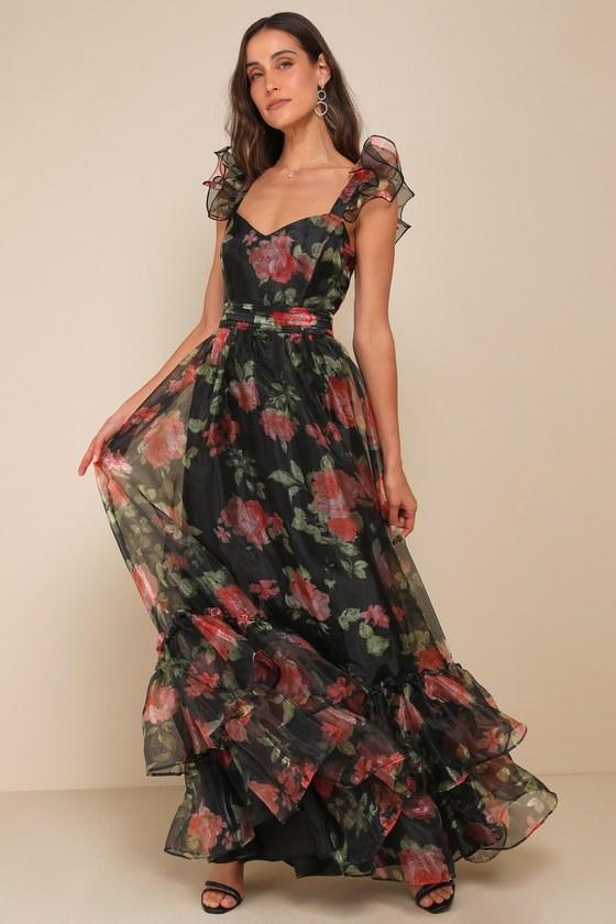 Befitting Glamour Black Floral Organza Ruffled Tiered Maxi Dress Product Image