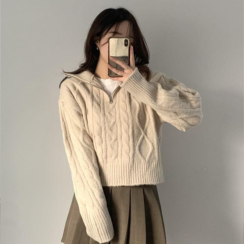 Long-Sleeve Plain Half-Zip Cable Knit Sweater Product Image