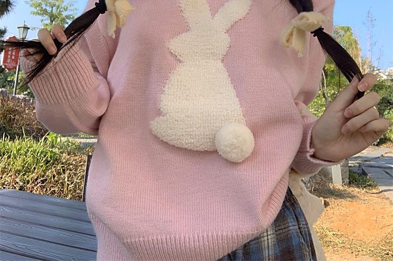 Round Neck Rabbit Jacquard Pom Pom Sweater Product Image