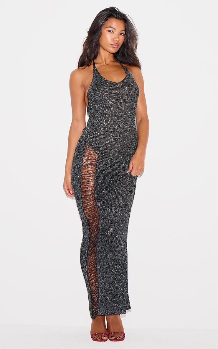 Black Glitter Knit Distressed Ladder Halterneck Maxi Dress product image