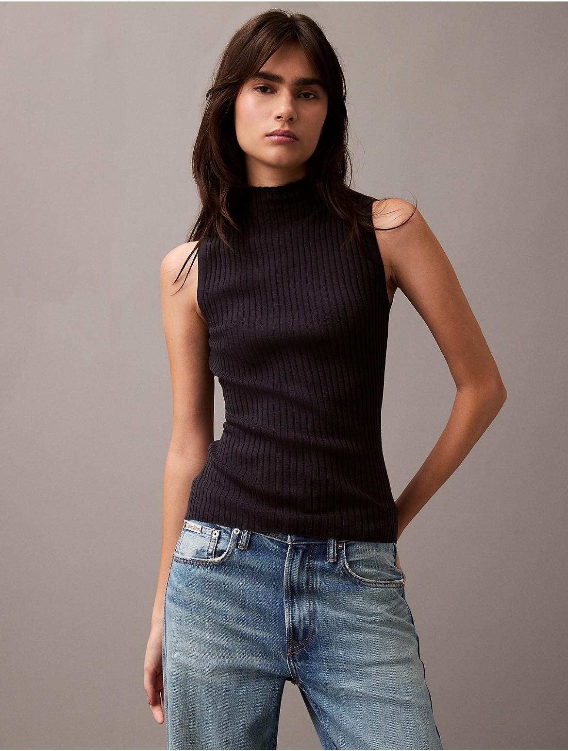 Calvin Klein Womens Silk Cashmere Mock Neck Tank Top - Black - L Product Image