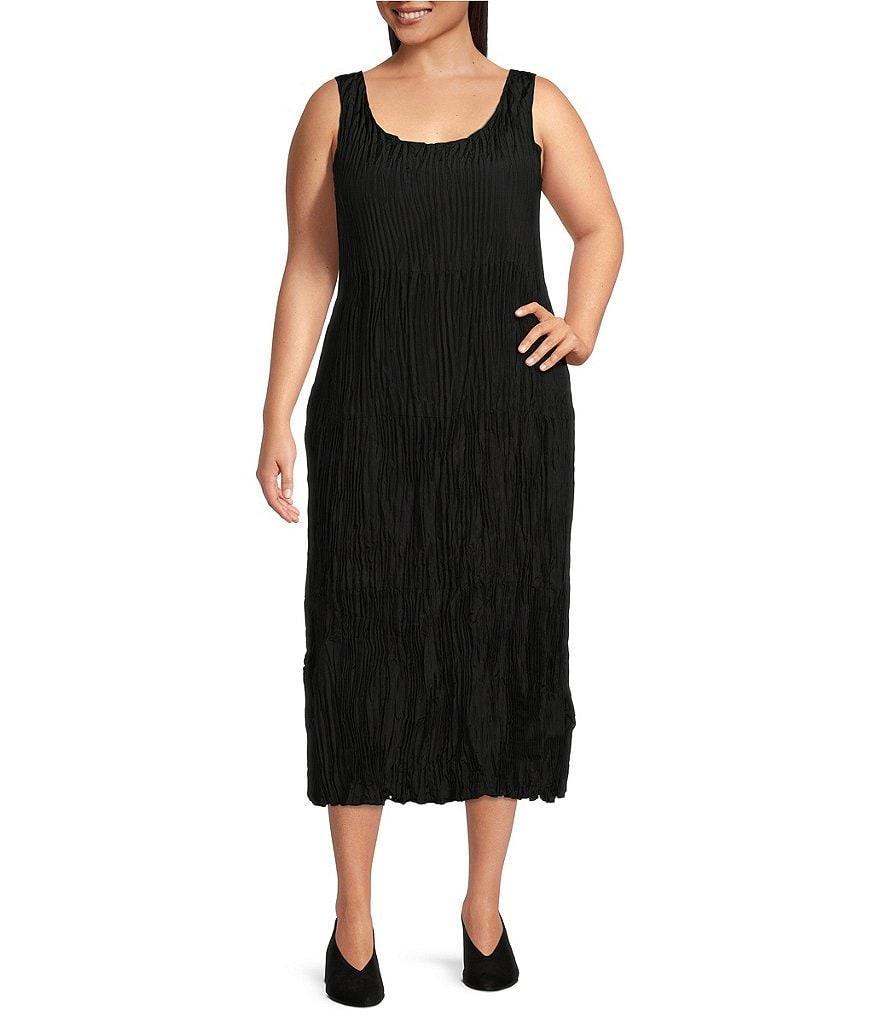 Eileen Fisher Plus Size Silk Crinkle Textured Scoop Neck Sleeveless Tiered A-Line Midi Dress Product Image