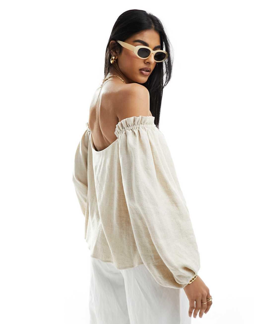 ASOS DESIGN linen look off-shoulder pleated top in natural Product Image