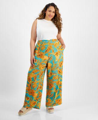 Trendy Plus Size Floral Flat-Front Wide-Leg Pants, Created for Macy's Product Image