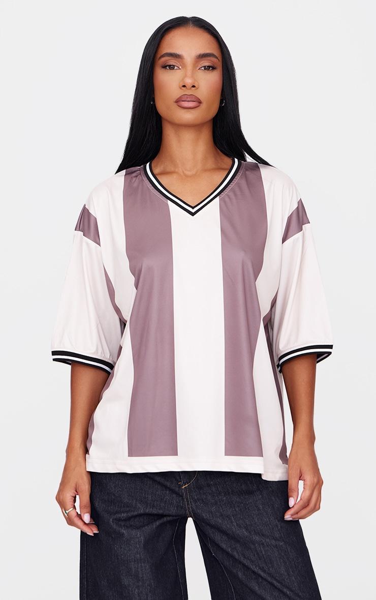 Brown Striped V Neck Oversized Football T Shirt Product Image