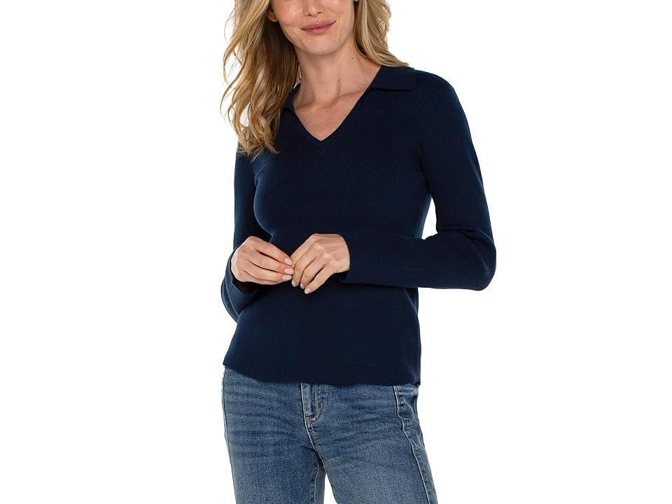 Liverpool Los Angeles Long Sleeve V Neck Collared Sweater (Dark ) Women's Sweater Product Image