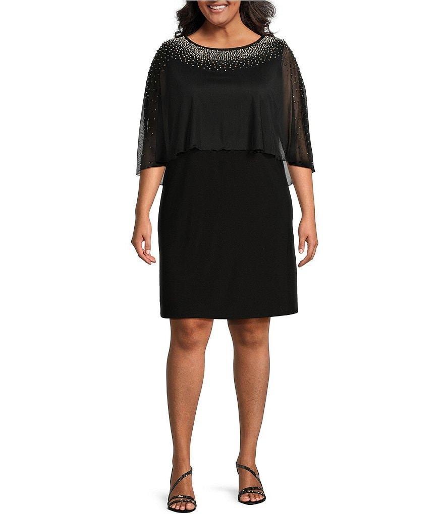 Marina Plus Size 3/4 Sleeve Crew Neck Beaded Capelet Dress Product Image