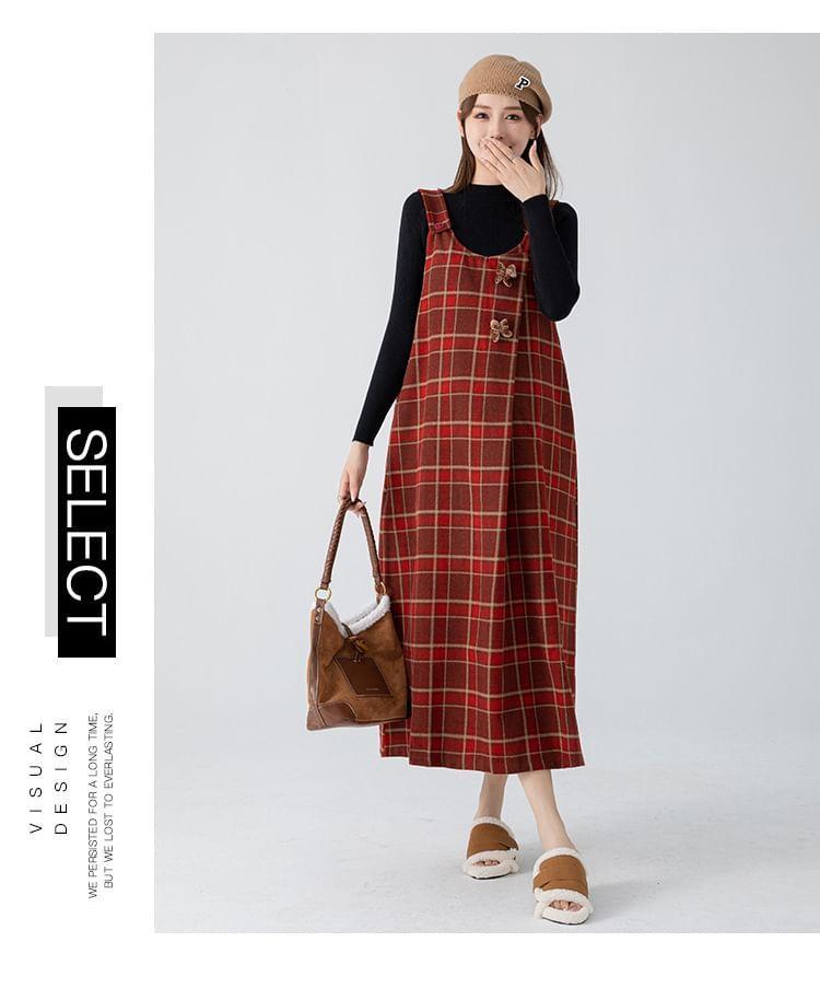 Maternity Long-Sleeve Mock Neck Plain Slim Fit Top / Plaid Bow Midi A-Line Pinafore Dress Product Image