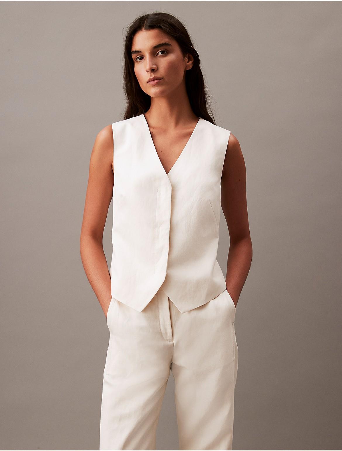 Calvin Klein Womens Linen Blend Short Vest - White - M Product Image