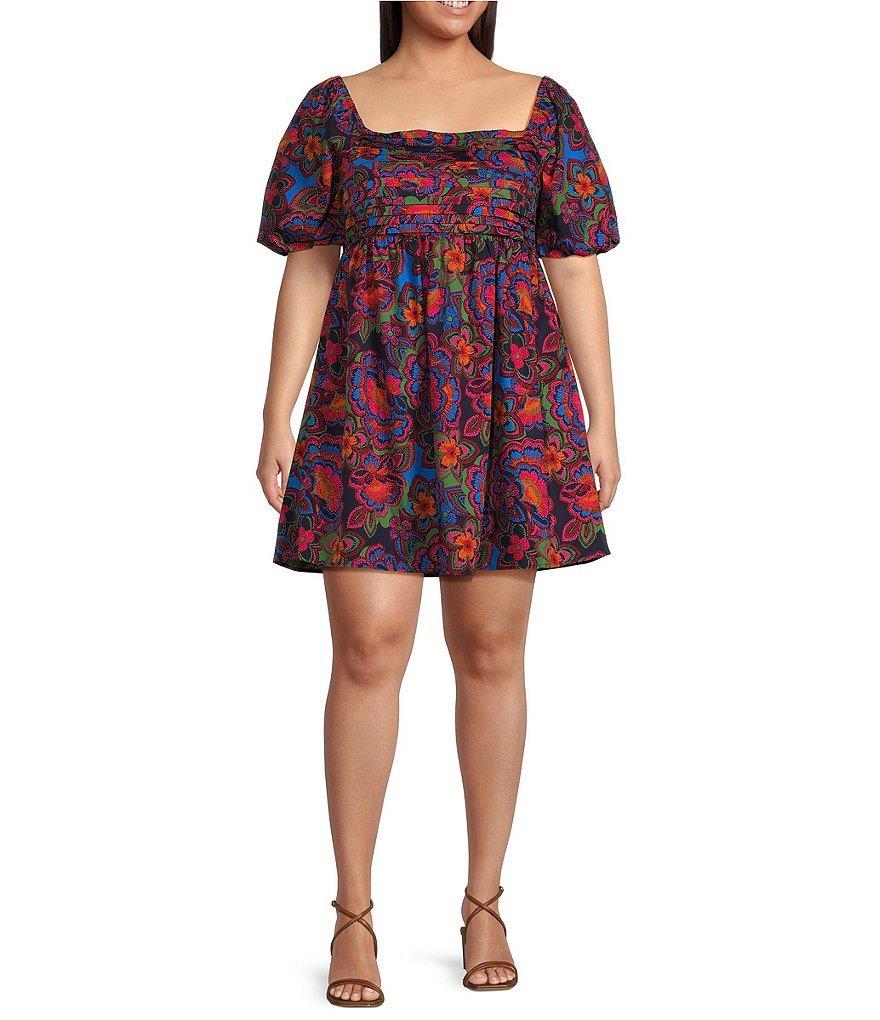 Sugarlips Plus Size Puffed-Sleeve Fit-and-Flare Floral Dress Product Image