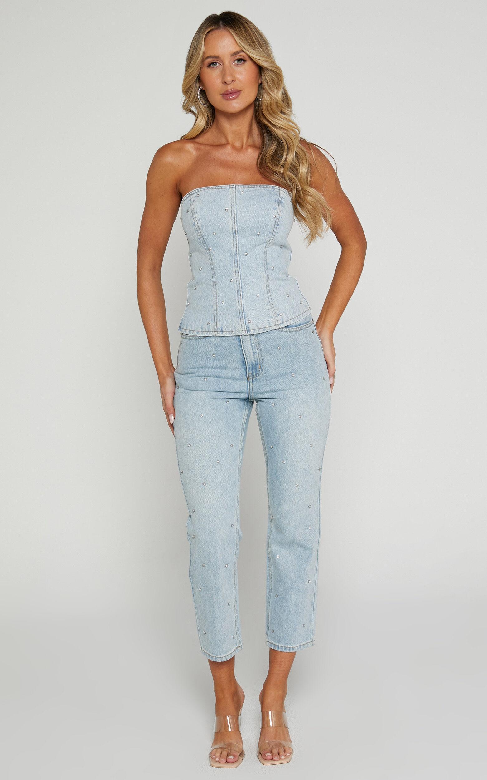 Karter Top - Rhinestone Denim Strapless Top in Light Blue Wash Product Image