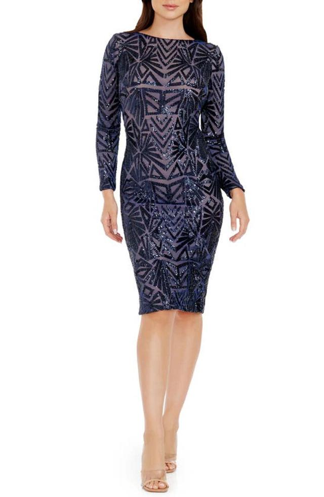 Emery Long Sleeve Sequin Cocktail Dress In Navy Product Image