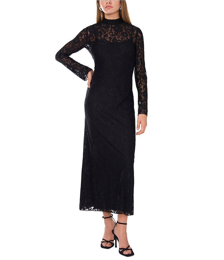 Vince Camuto Lace Mock Neck Long Sleeve Flounce Hem Sheath Midi Dress Product Image