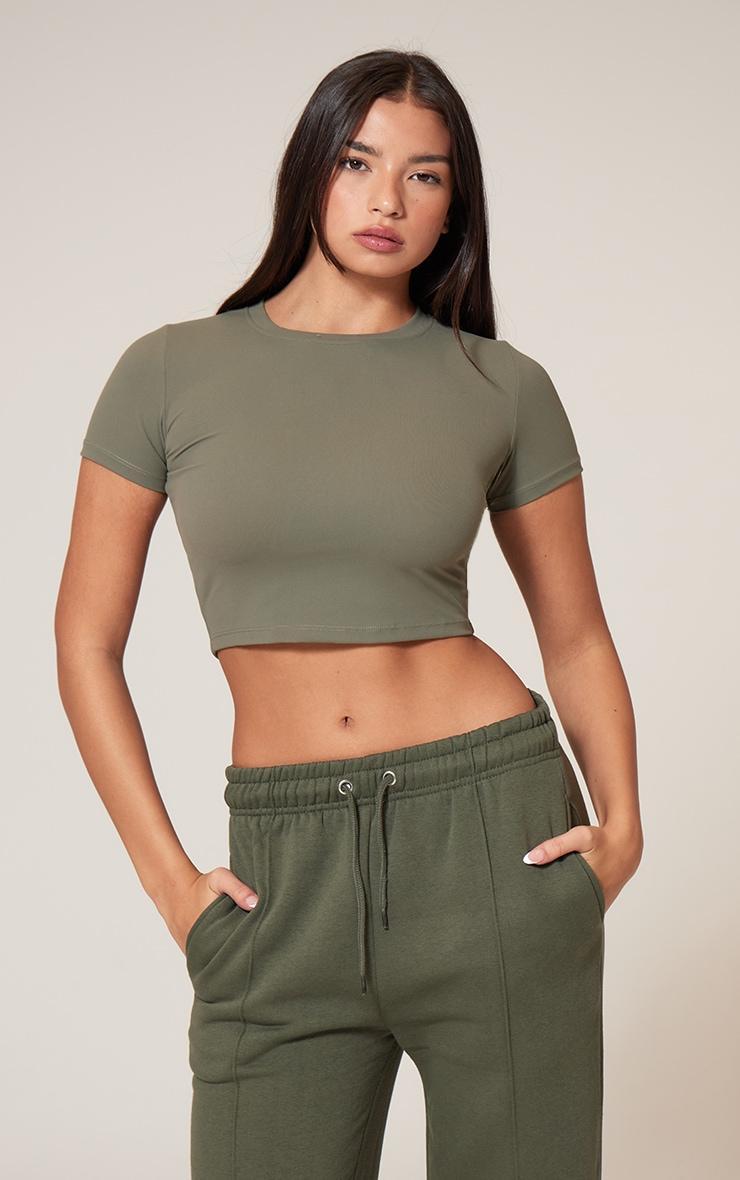 Olive Sculpt Short Sleeve Crop Gym Top Product Image