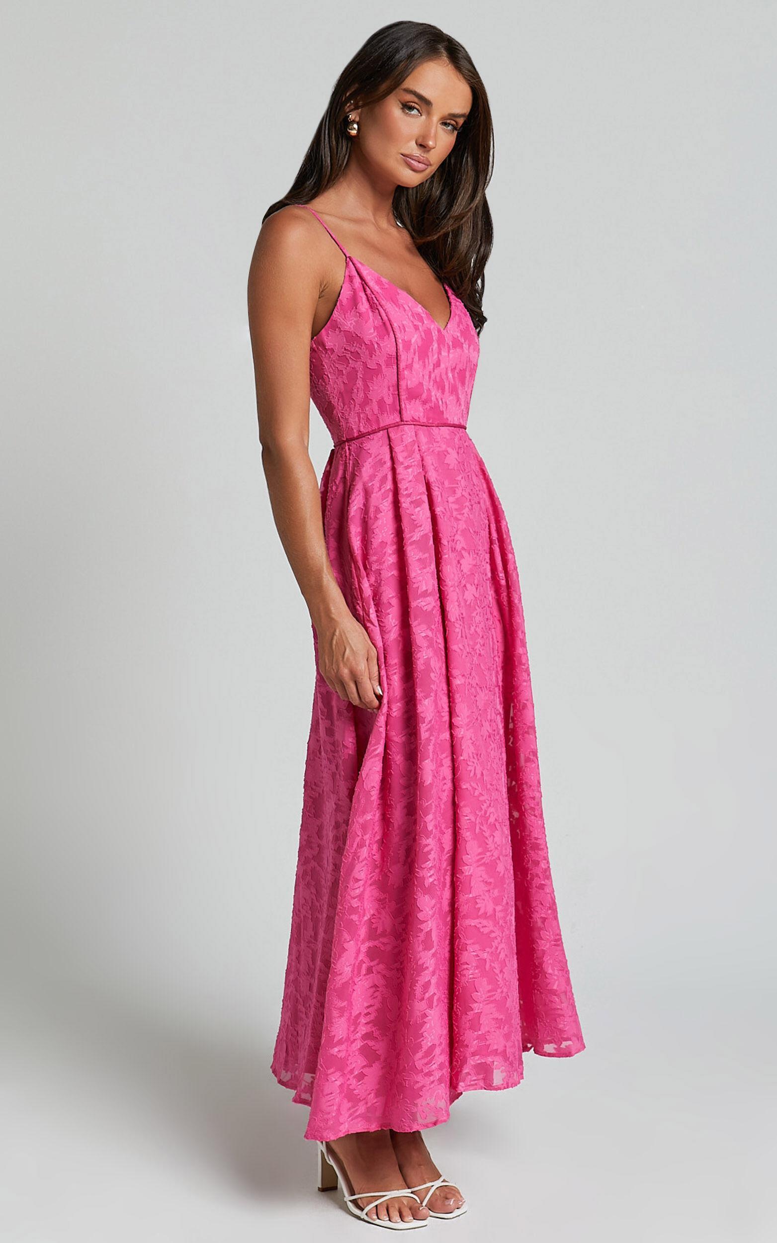 Philine Midi Dress - Jacquard Plunge Fit and Flare Dress in Pink Product Image