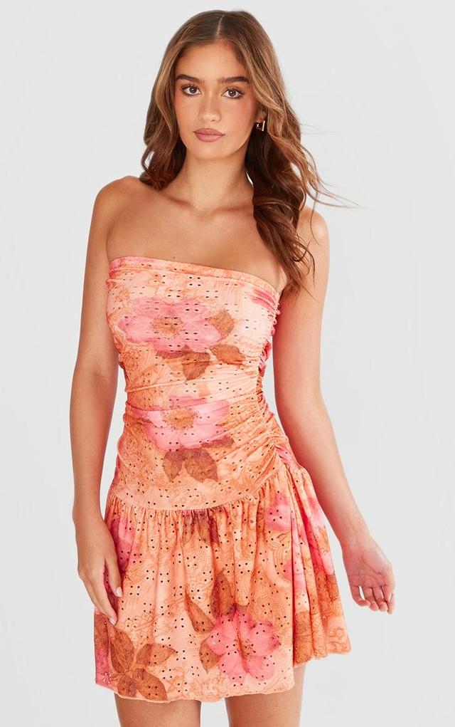 Pink Floral Printed Broderie Frill Bandeau Bodycon Dress Product Image