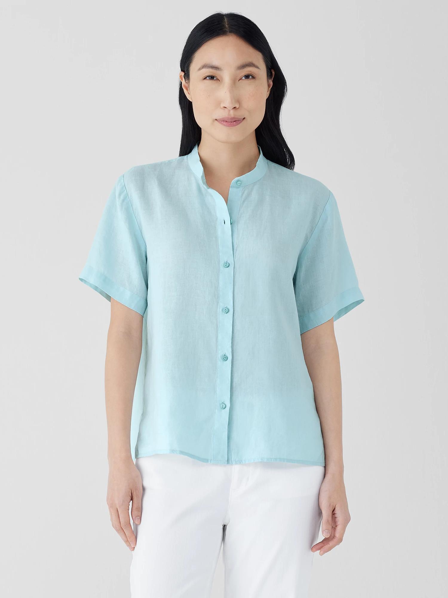 EILEEN FISHER Organic Handkerchief Linen Band Collar Short-Sleeve Shirtfemale Product Image