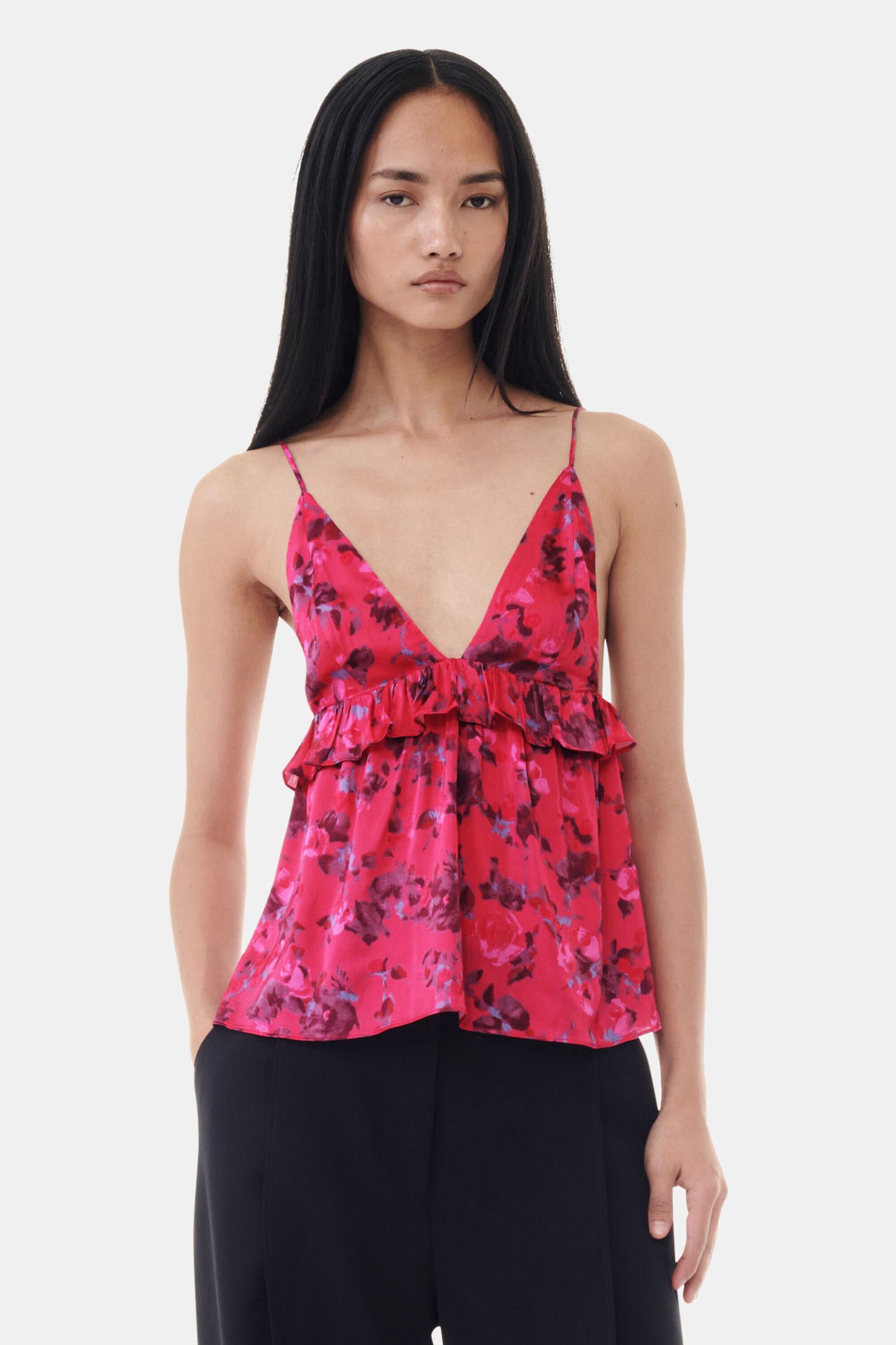 Red Floral Printed Satin Strap Top Product Image