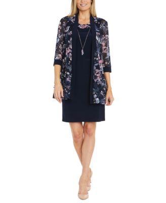 Petite Floral Mesh Jacket and Contrast-Trim Sleeveless Dress Product Image