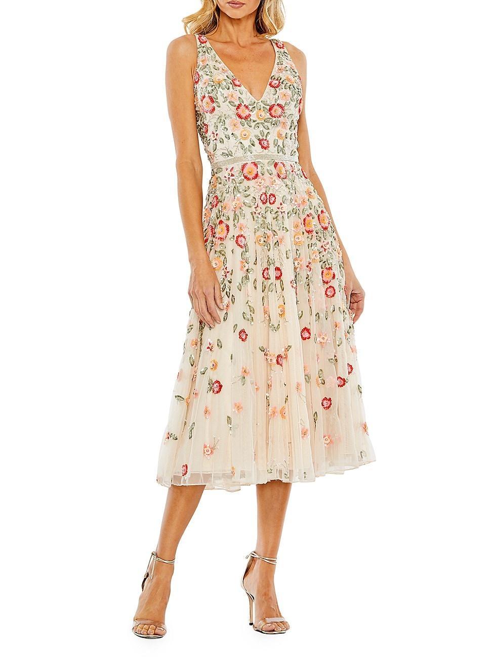 Womens Cocktail Floral Embroidered V-Neck Midi-Dress Product Image