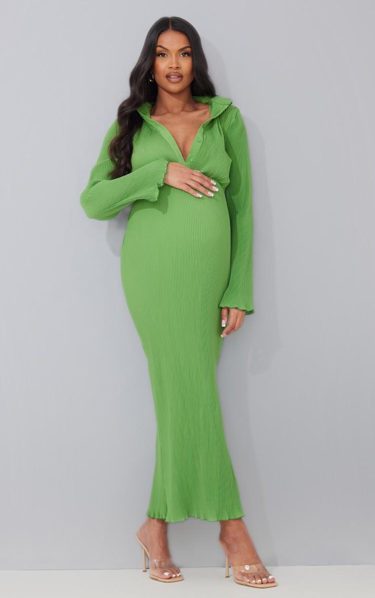 Maternity Green Plisse Button Thru Midi Dress Product Image