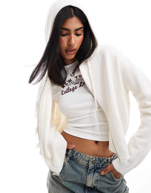 Miss Selfridge zip through crop knit hoodie in cream Product Image