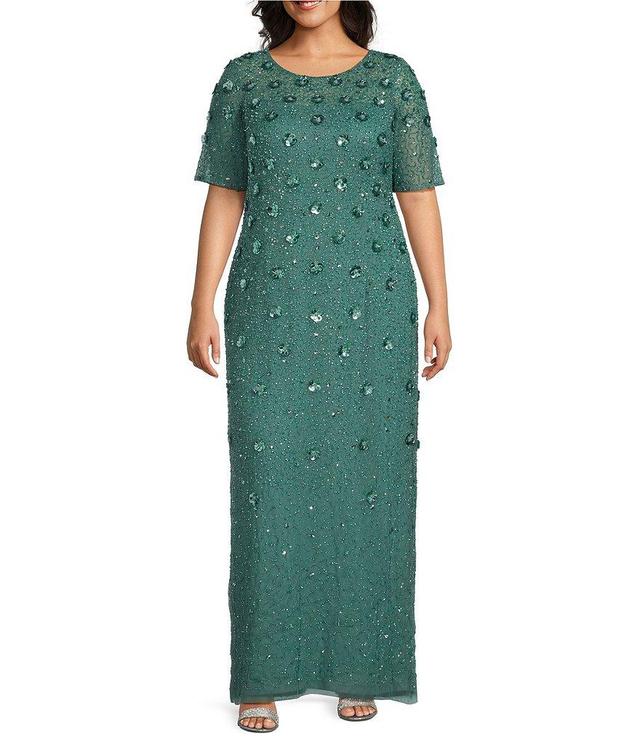 Adrianna Papell Plus Size 3D Floral Beaded Mesh Round Neck Short Sleeve Gown Product Image