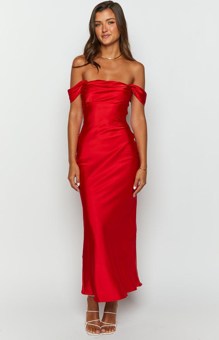 Ella Red Off Shoulder Formal Dress Product Image