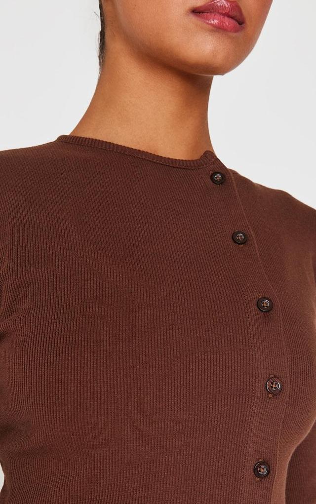 Chocolate Ribbed Aysmmetric Button Down Fitted Long Sleeve Top Product Image