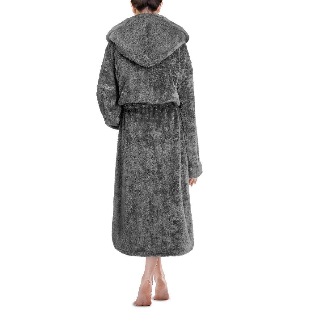 PAVILIA Women Hooded Plush Soft Robe, Fluffy Warm Fleece Faux Shearling Shaggy Bathrobe (Gray, Small-Medium) Product Image